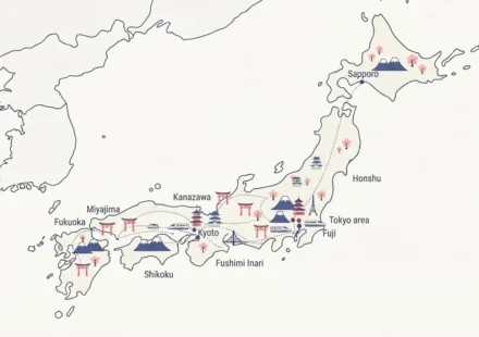 Illustrated map of Japan marking top travel destinations including Tokyo, Kyoto, Osaka, Hiroshima, Nara, and Hakone with bullet train routes