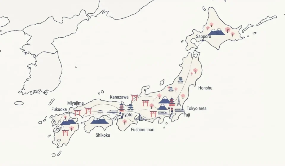 Best Places to Visit in Japan: A First-Timer’s Guide Illustrated map of Japan marking top travel destinations including Tokyo, Kyoto, Osaka, Hiroshima, Nara, and Hakone with bullet train routes