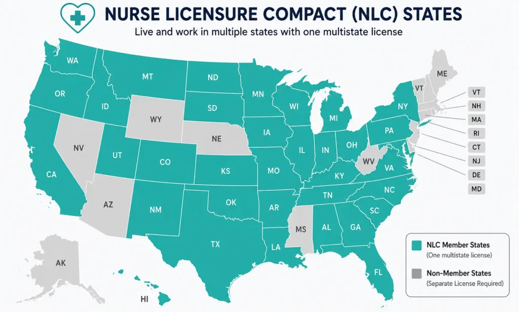 US map showing which states participate in the Nurse Licensure Compact versus states that require a separate travel nurse license