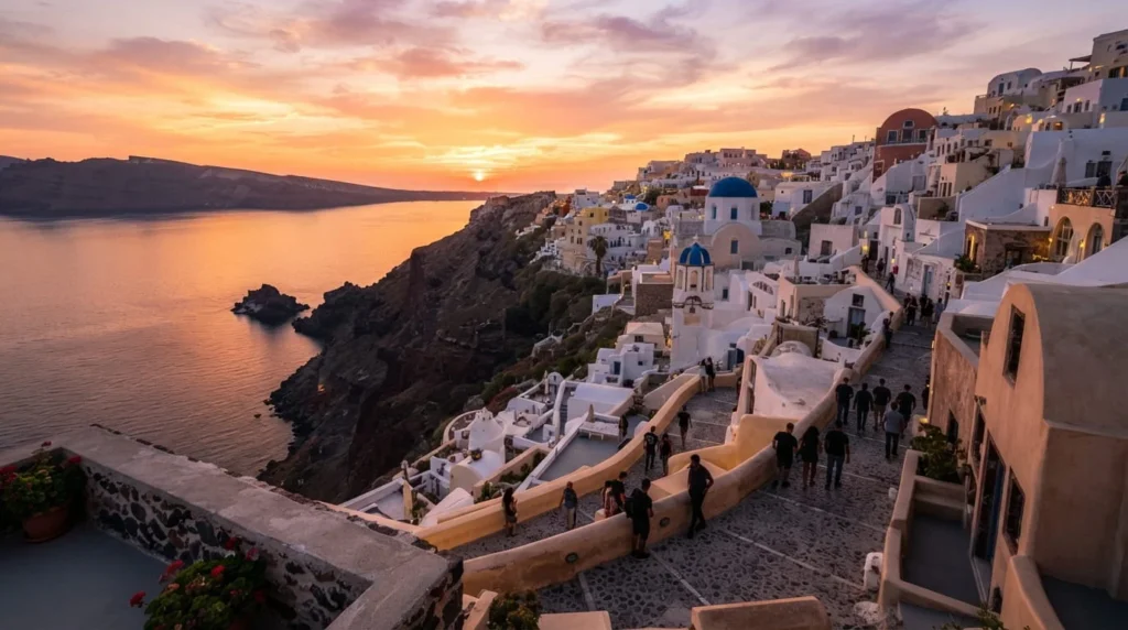 White buildings and blue domes overlooking the caldera in Oia, Santorini, a top spot among the best places to visit in Europe