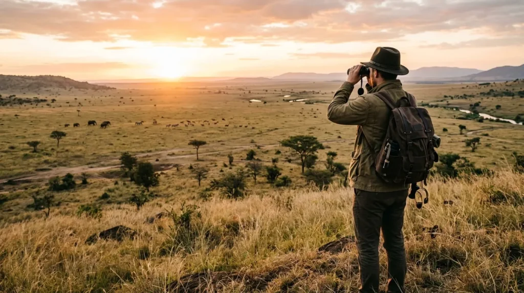 A traveler using binoculars to scan the horizon at one of the best places to see wildlife
