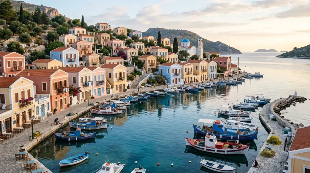 Best Islands to Visit in Greece: The Complete Guide 2 Text: Pastel houses above a calm harbor, a quiet pick among the best islands to visit in Greece