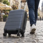 Low-angle view of a rolling carry-on suitcase moving across a cobblestone street with a blurred European city in the background.