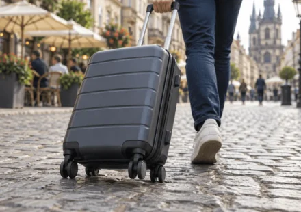 Low-angle view of a rolling carry-on suitcase moving across a cobblestone street with a blurred European city in the background.