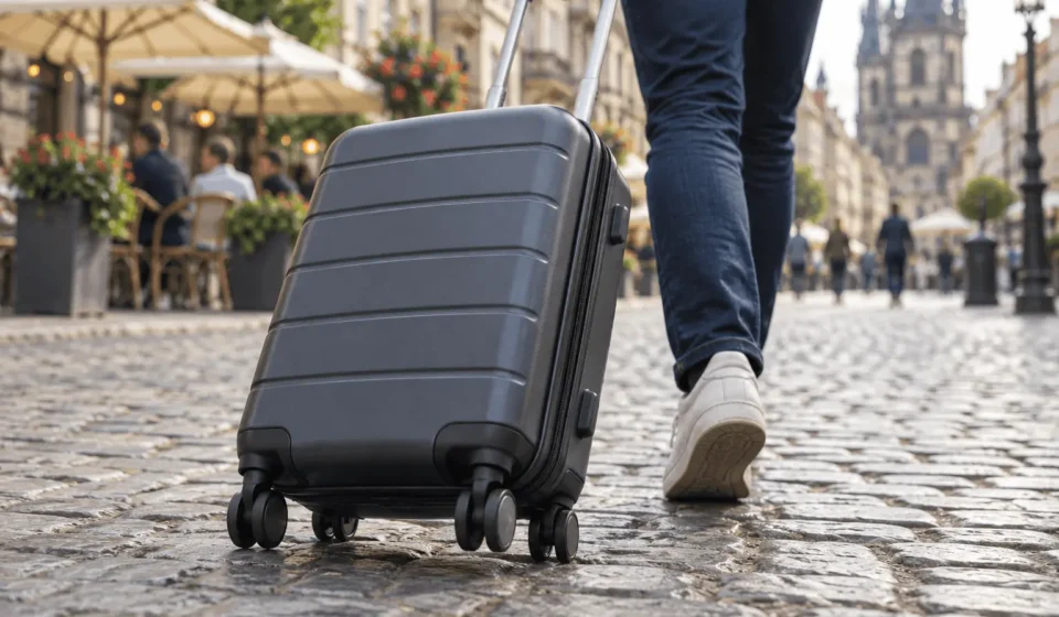 Low-angle view of a rolling carry-on suitcase moving across a cobblestone street with a blurred European city in the background.