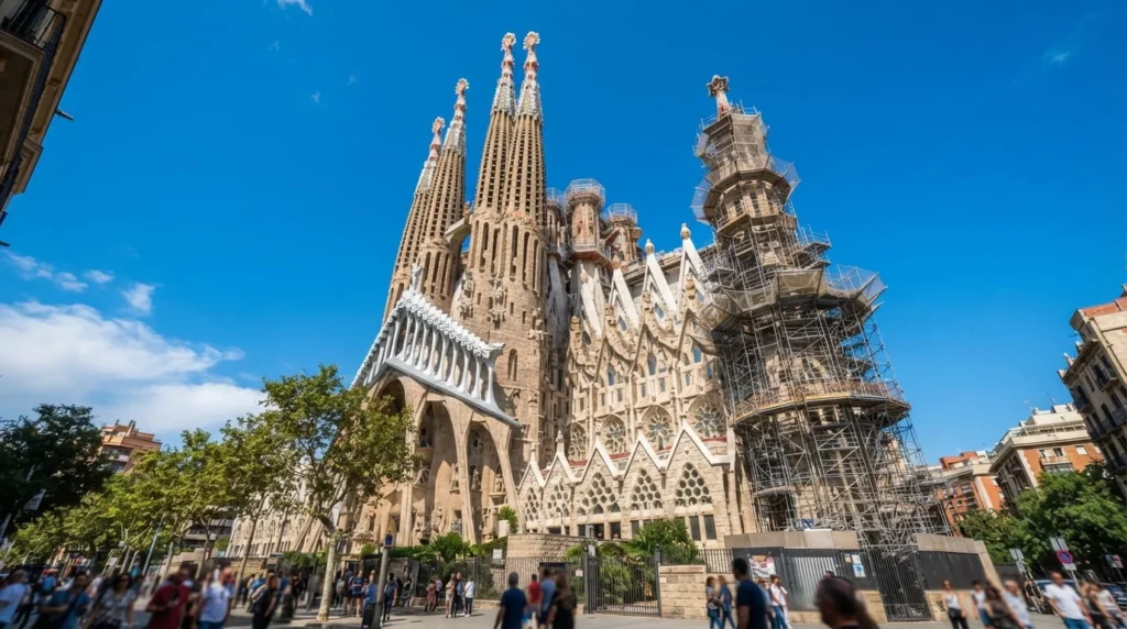 Sagrada Familia basilica spires under construction in Barcelona, Spain