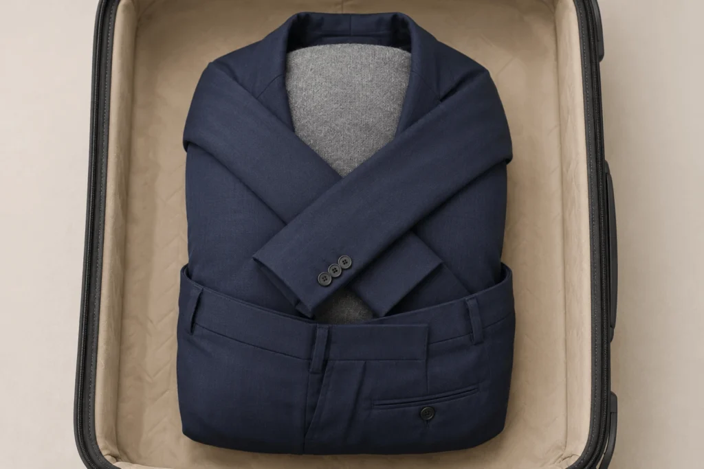 How to Pack a Suit in a Suitcase Without Wrinkles 2 Two suit jackets hanging on a wide wooden hanger with a transparent dry-cleaning bag between them against a light grey wall.