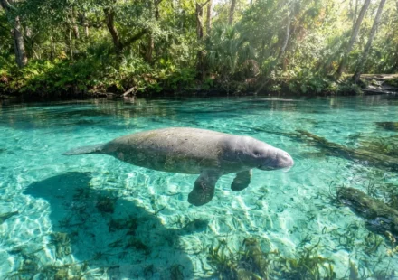 Manatee swimming in the clear water of Three Sisters Springs, Crystal River, Florida