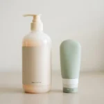 Side-by-side comparison of a full-size shampoo bottle and a 3-ounce silicone travel bottle showing the size difference for TSA-approved packing