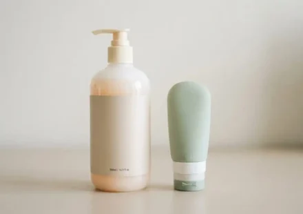 Side-by-side comparison of a full-size shampoo bottle and a 3-ounce silicone travel bottle showing the size difference for TSA-approved packing