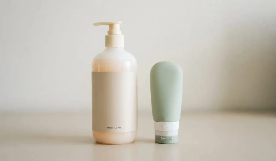 Side-by-side comparison of a full-size shampoo bottle and a 3-ounce silicone travel bottle showing the size difference for TSA-approved packing