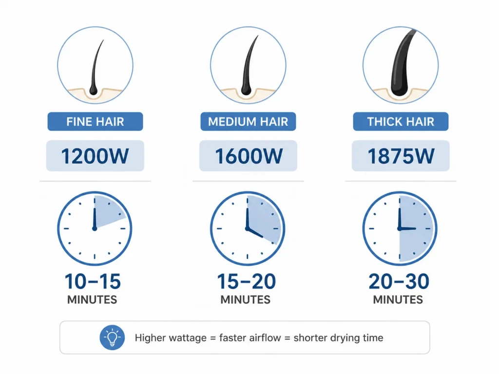 Best Travel Hair Dryer 2026: Dual Voltage Guide 1 Travel hair dryer wattage comparison chart showing drying time for fine, medium, and thick hair