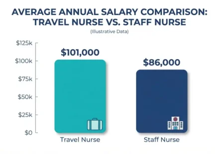 Bar chart comparing average travel nurse salary to staff nurse salary, showing higher earning potential for travel nurses