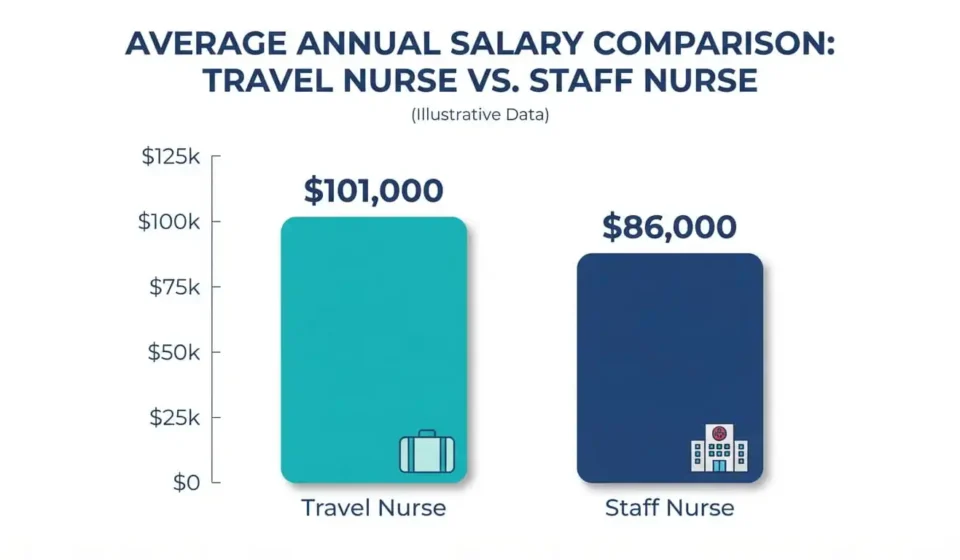 Bar chart comparing average travel nurse salary to staff nurse salary, showing higher earning potential for travel nurses