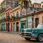 Classic American cars on a Havana street with colorful colonial buildings.