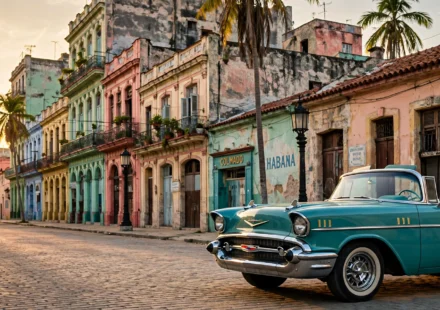 Classic American cars on a Havana street with colorful colonial buildings.