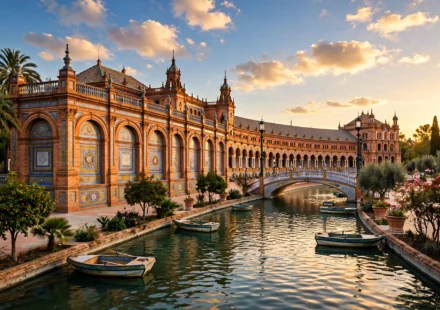 Plaza de Espana in Seville at sunset, one of the best cities to visit in Spain.