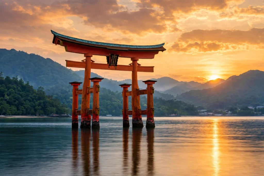Itsukushima Shrine floating torii gate at Miyajima at sunset.