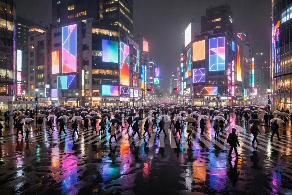 Shibuya Crossing in Tokyo at night with neon signs.