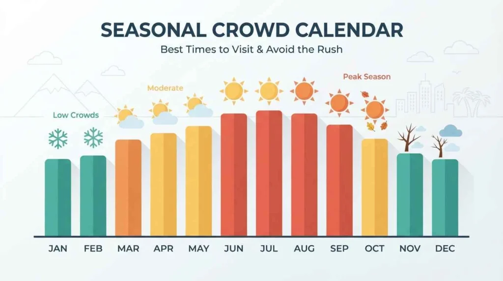 Seasonal calendar showing peak and off-peak months to visit popular tourist attractions