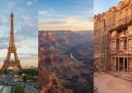 Best tourist attraction guide showing the Eiffel Tower, Grand Canyon, and Petra's Treasury