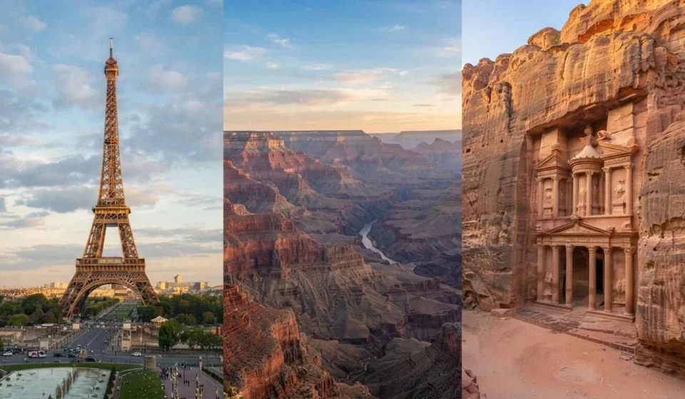 Best tourist attraction guide showing the Eiffel Tower, Grand Canyon, and Petra's Treasury
