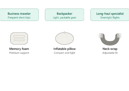Chart recommending travel pillow types for business travelers, backpackers, and long-haul specialists