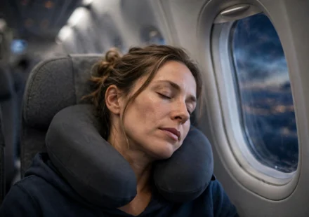 Traveler sleeping comfortably in an airplane seat wearing a U-shaped memory foam travel pillow.