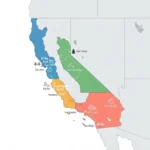 Map of California showing the four best regions to visit: Bay Area, Yosemite, Central Coast, and Southern California
