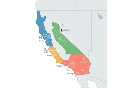 Map of California showing the four best regions to visit: Bay Area, Yosemite, Central Coast, and Southern California