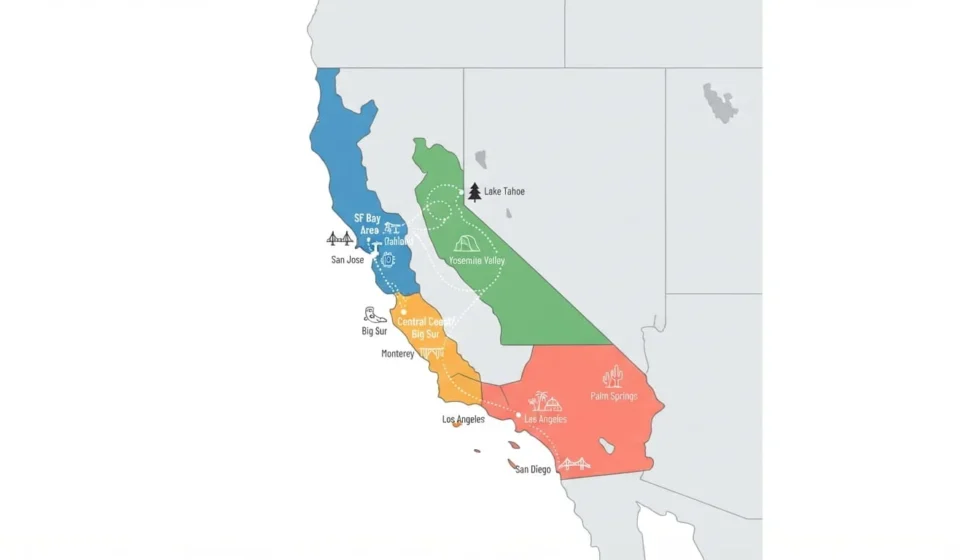 Best Places to Visit in California by Region Map of California showing the four best regions to visit: Bay Area, Yosemite, Central Coast, and Southern California