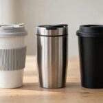 Ceramic travel mug with lid next to a stainless steel and a plastic travel mug on a wooden table.