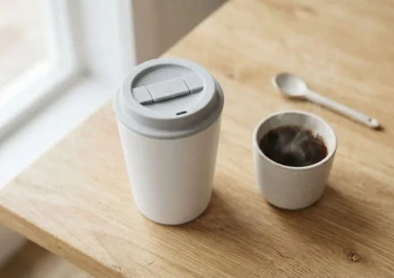 White ceramic travel mug with a slide-lock lid next to a steaming cup of coffee on a wooden desk