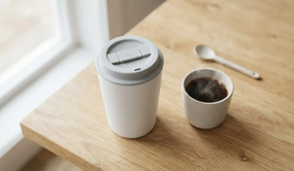 How To Choose The Right Ceramic Travel Mug White ceramic travel mug with a slide-lock lid next to a steaming cup of coffee on a wooden desk
