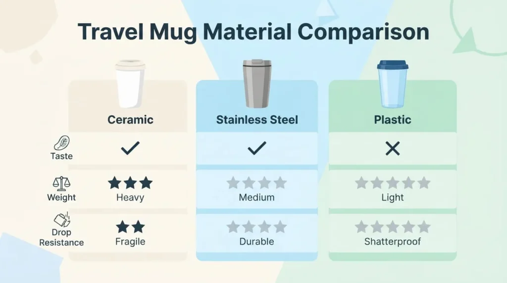 How To Choose The Right Ceramic Travel Mug 2 Infographic comparing ceramic, stainless steel, and plastic travel mugs by taste, weight, and drop resistanc