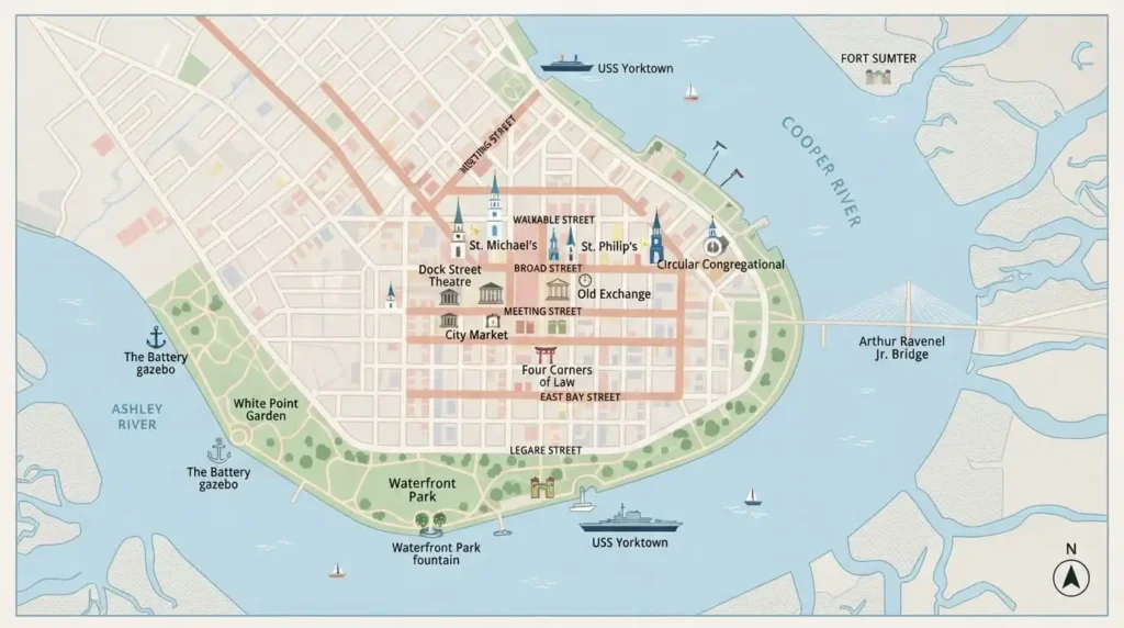 Best Solo Travel Destinations For Every Kind Of Traveler 3 Map of Charleston's walkable Historic District, a good first solo trip destination in the US