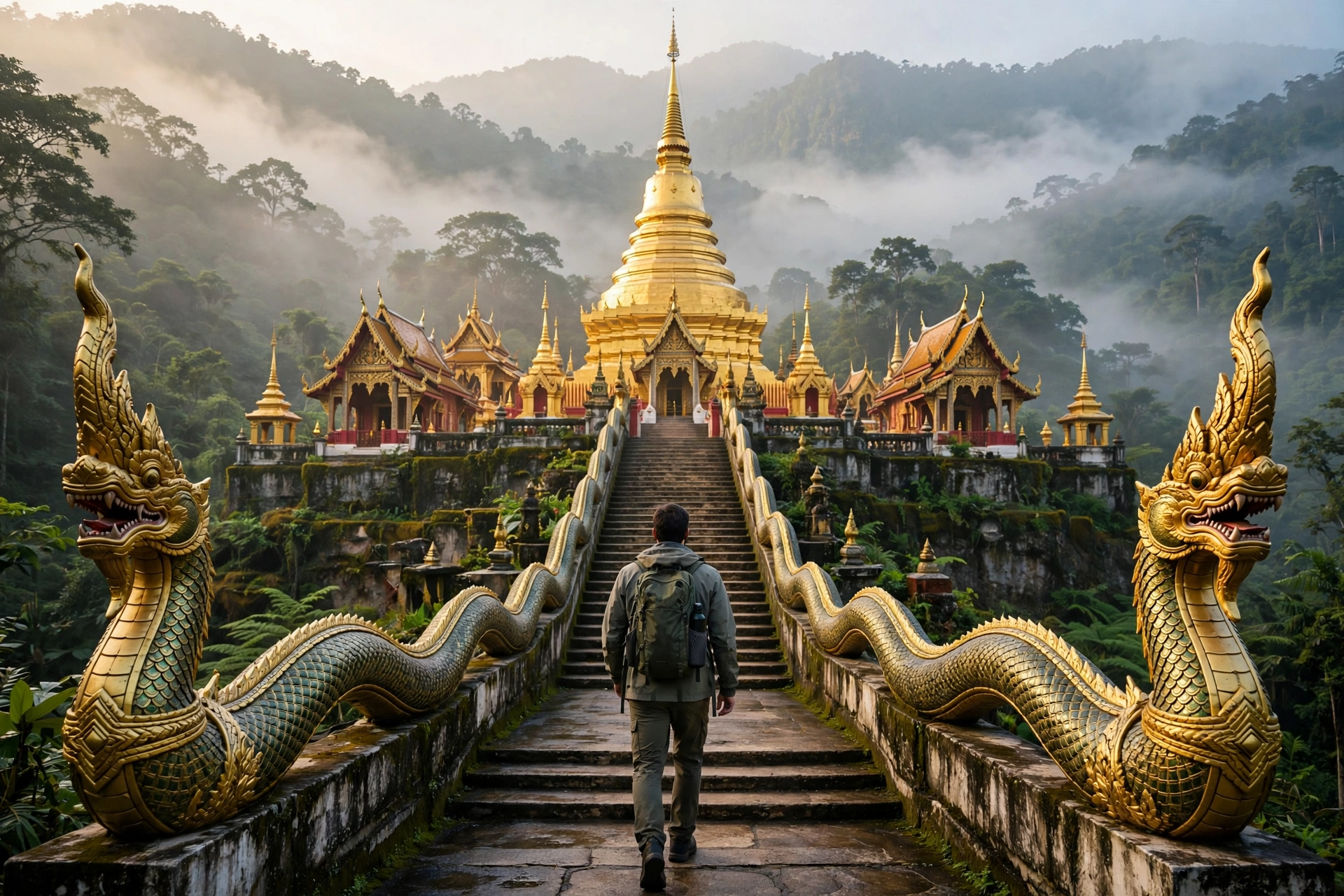 Solo traveler visiting Wat Phra That Doi Suthep temple in Chiang Mai, Thailand.