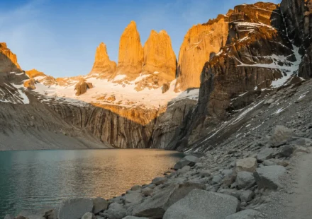 Torres del Paine towers at sunrise, a highlight of any Chile travel guide