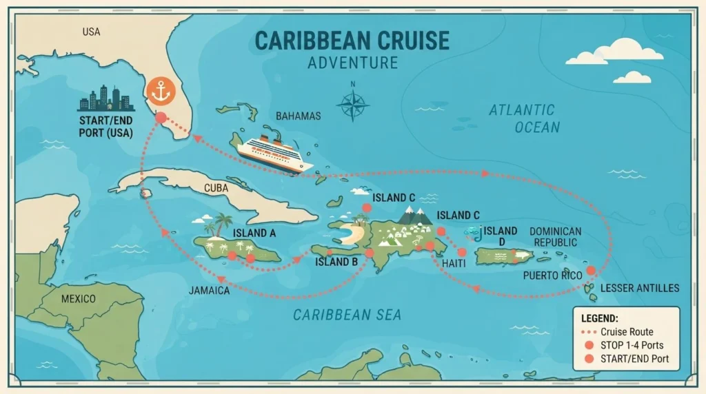 Places to Travel Without a Passport 2 Closed-loop cruise route map showing a ship departing and returning to the same US port without a passport