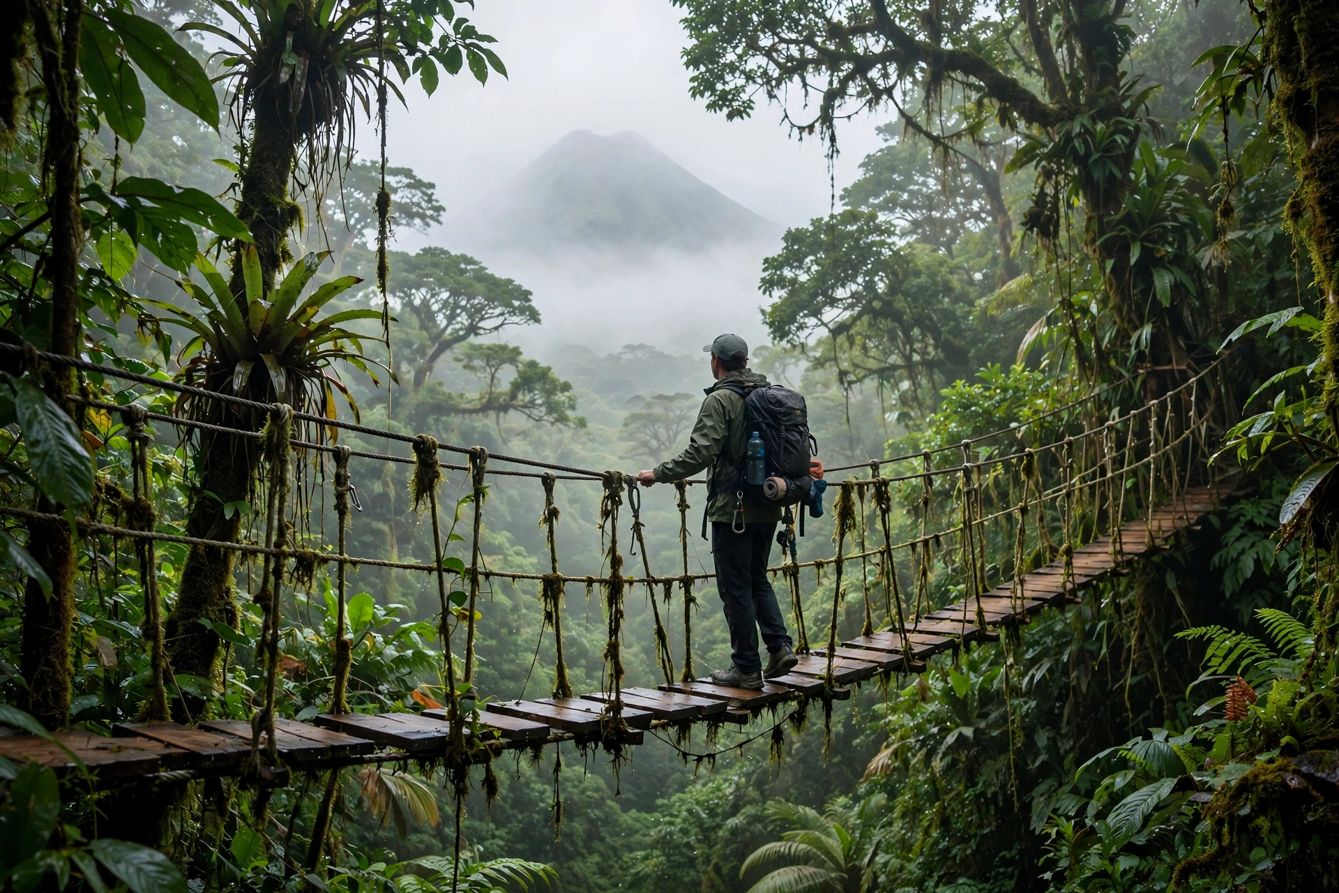 Solo traveler crossing a hanging bridge in the rainforest near Arenal Volcano, Costa Rica.