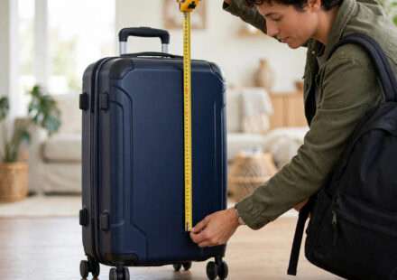 Traveler measuring a carry-on suitcase with a tape measure at home.