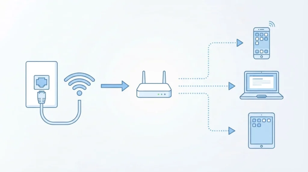 What Is A Travel Router? 1 Diagram showing how a travel router connects to hotel Wi-Fi and shares it with a phone, laptop, and tablet