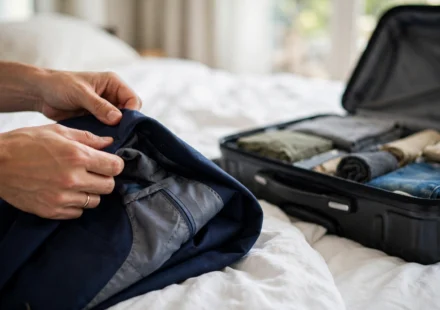 Man folding a suit jacket inside out on a hotel bed next to an open suitcase.