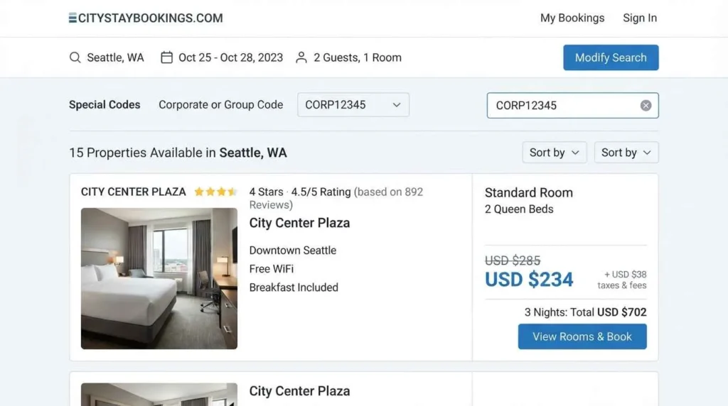 "Mockup of a hotel booking page showing a corporate or group code field with a discounted travel agent room rate"