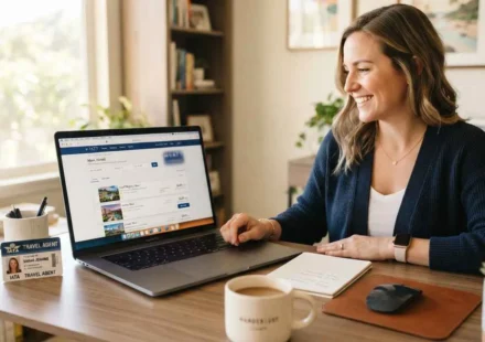"Travel advisor booking a Hyatt hotel discount rate on a laptop with an IATA travel agent ID card on the desk"