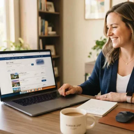 Hyatt Travel Agent Rates: What Qualifies and What the Discount Really Looks Like 56 "Travel advisor booking a Hyatt hotel discount rate on a laptop with an IATA travel agent ID card on the desk"