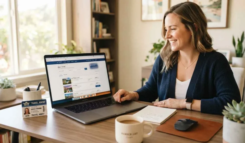 "Travel advisor booking a Hyatt hotel discount rate on a laptop with an IATA travel agent ID card on the desk"