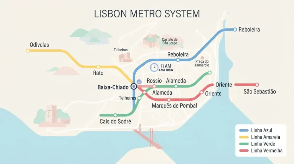 Best Solo Travel Destinations For Every Kind Of Traveler 1 Map of Lisbon's metro system showing late-night train lines useful for solo travelers