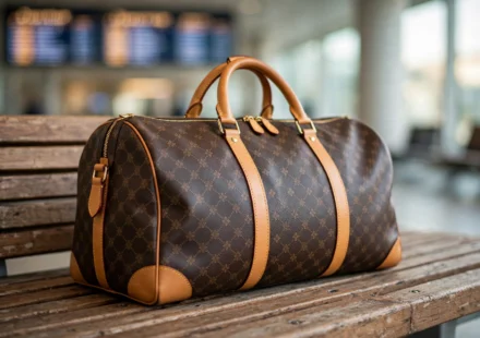 Louis Vuitton travel bag buying guide: monogram canvas duffel on an airport bench.