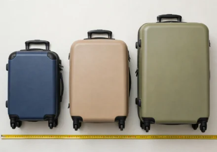 Luggage size chart showing carry-on, checked, and personal item suitcase dimensions.